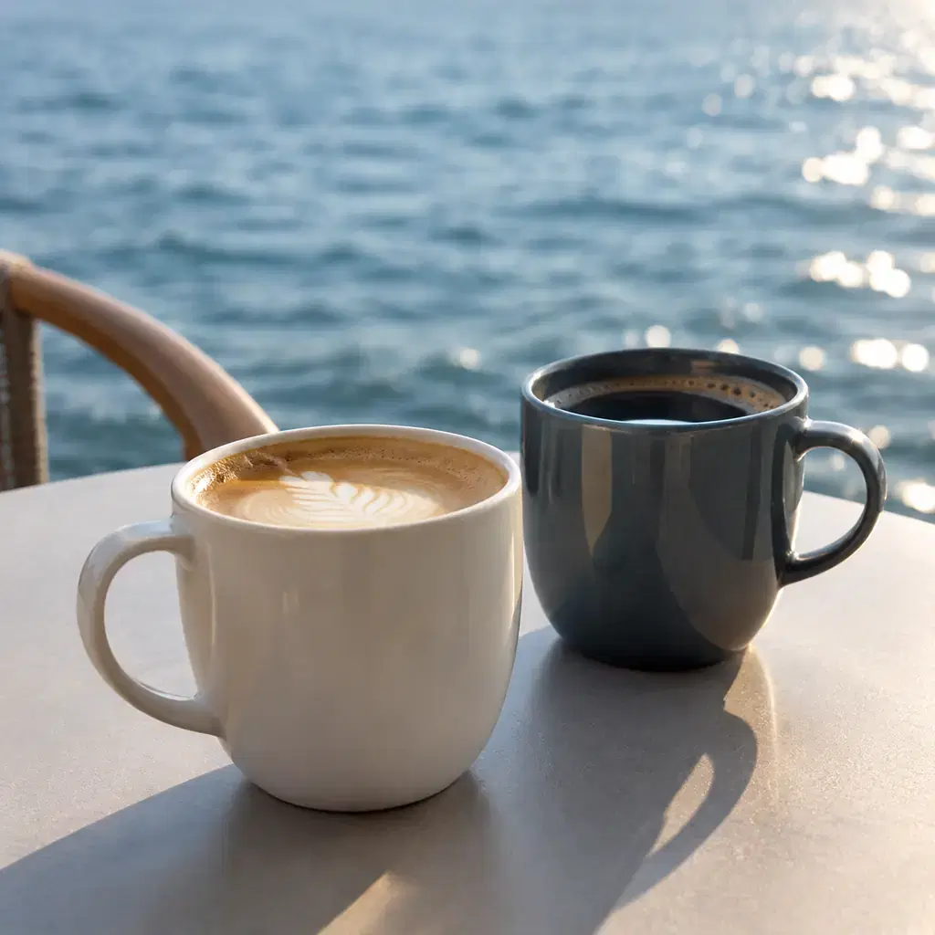 Illustration of a harbor coffee break, not a named Boothbay Harbor business