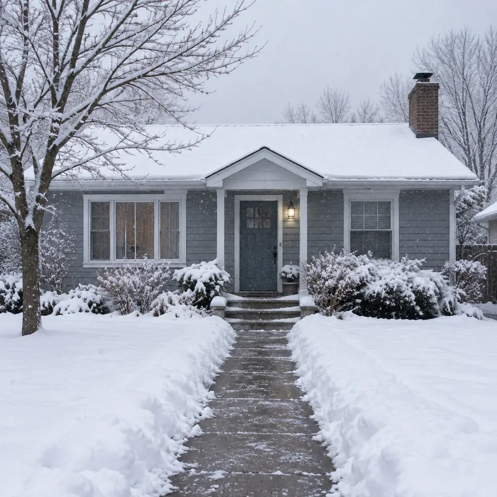 A modest single-story house during light winter snowfall, shoveled walkway, no identifiable town