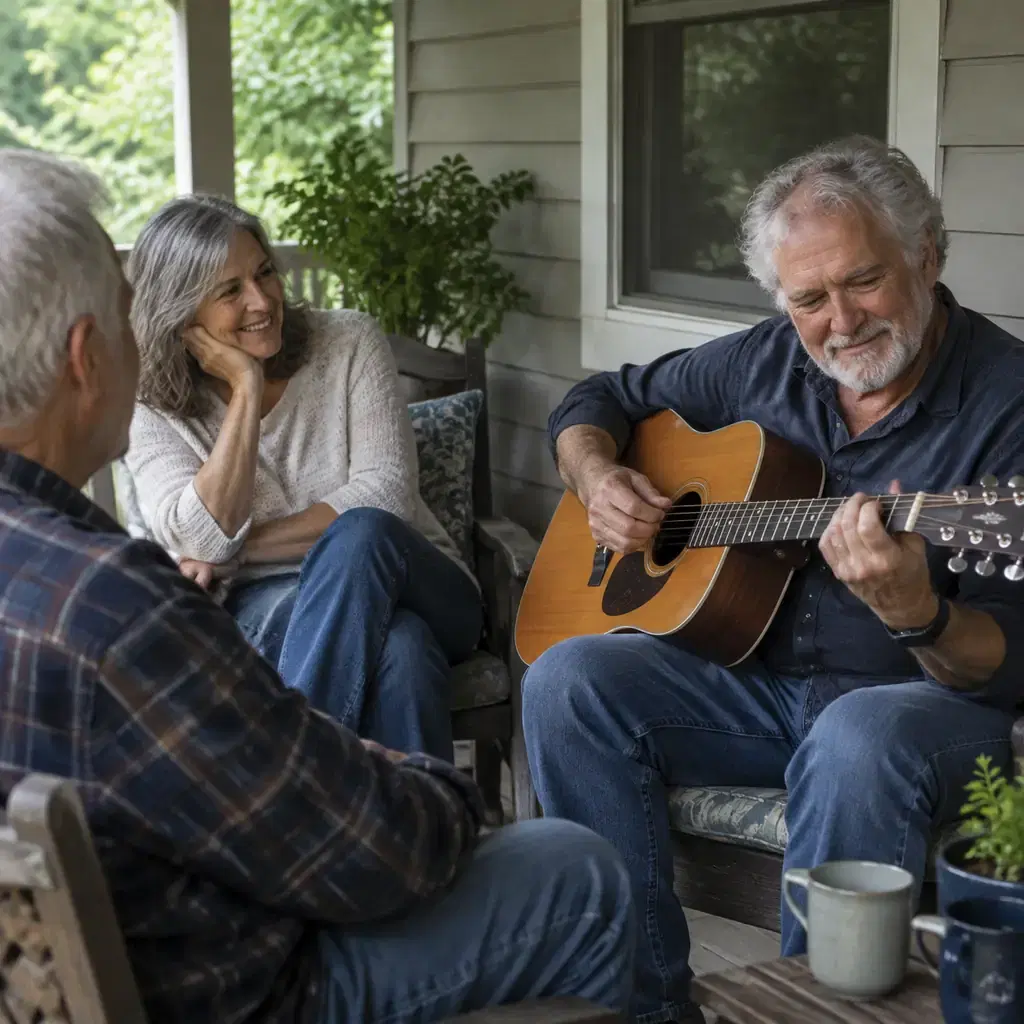Older friends playing acoustic guitar on a shaded ordinary porch, no identifiable landmark