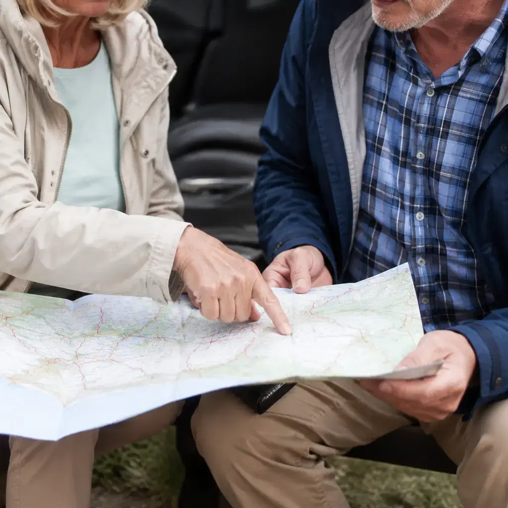 Illustration of a road-trip planning pause, not a named location
