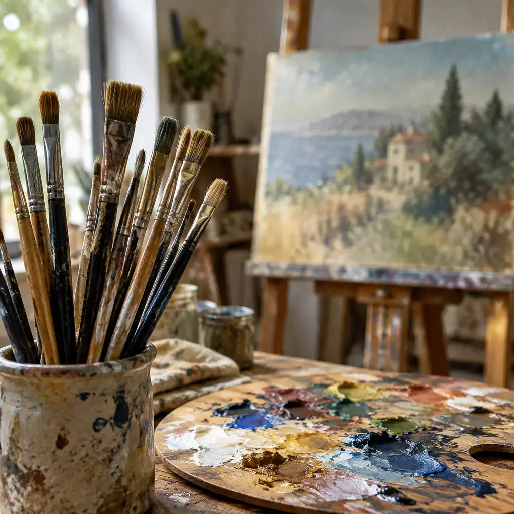 Illustration of an artist studio, not a named Madrid gallery