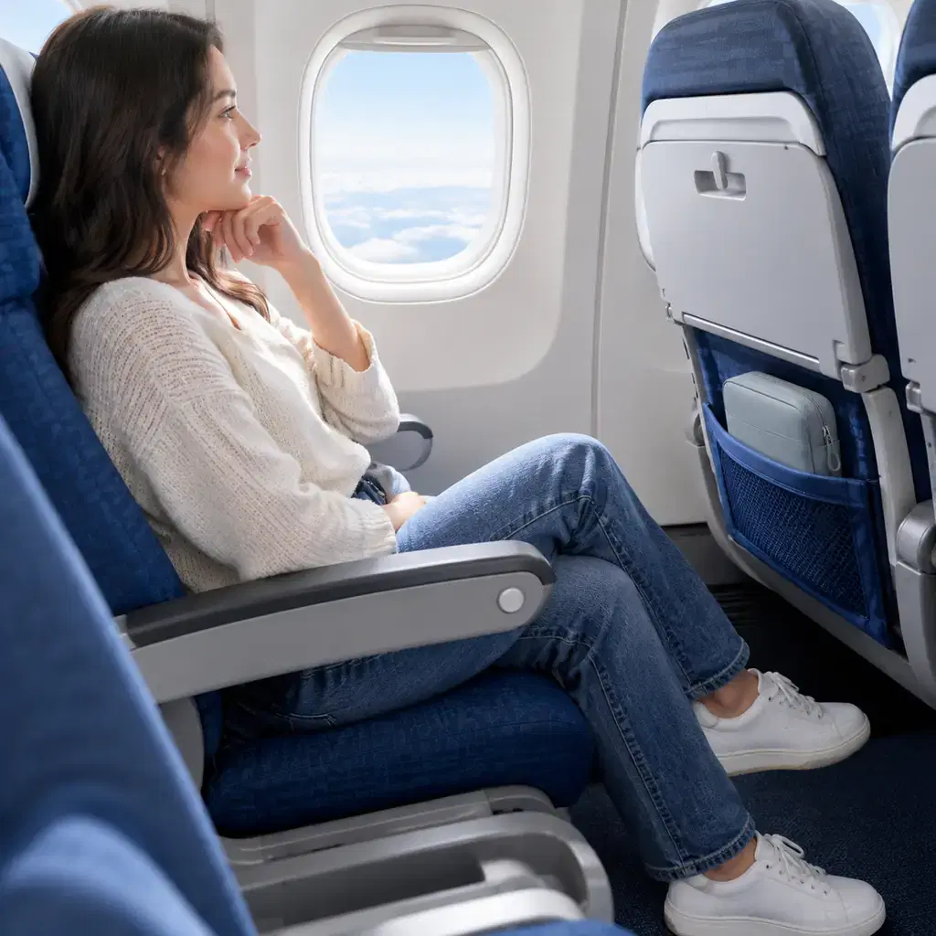 Traveler seated calmly in a generic airplane economy seat with compact pouch neatly stowed, uncluttered footwell, no text or airline branding