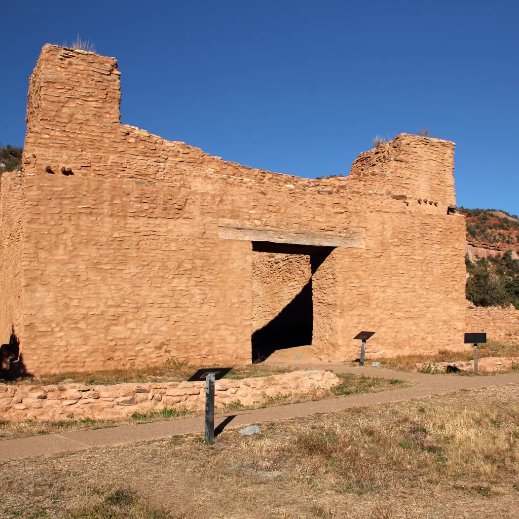 Stone mission ruins at Jemez Historic Site in New Mexico.