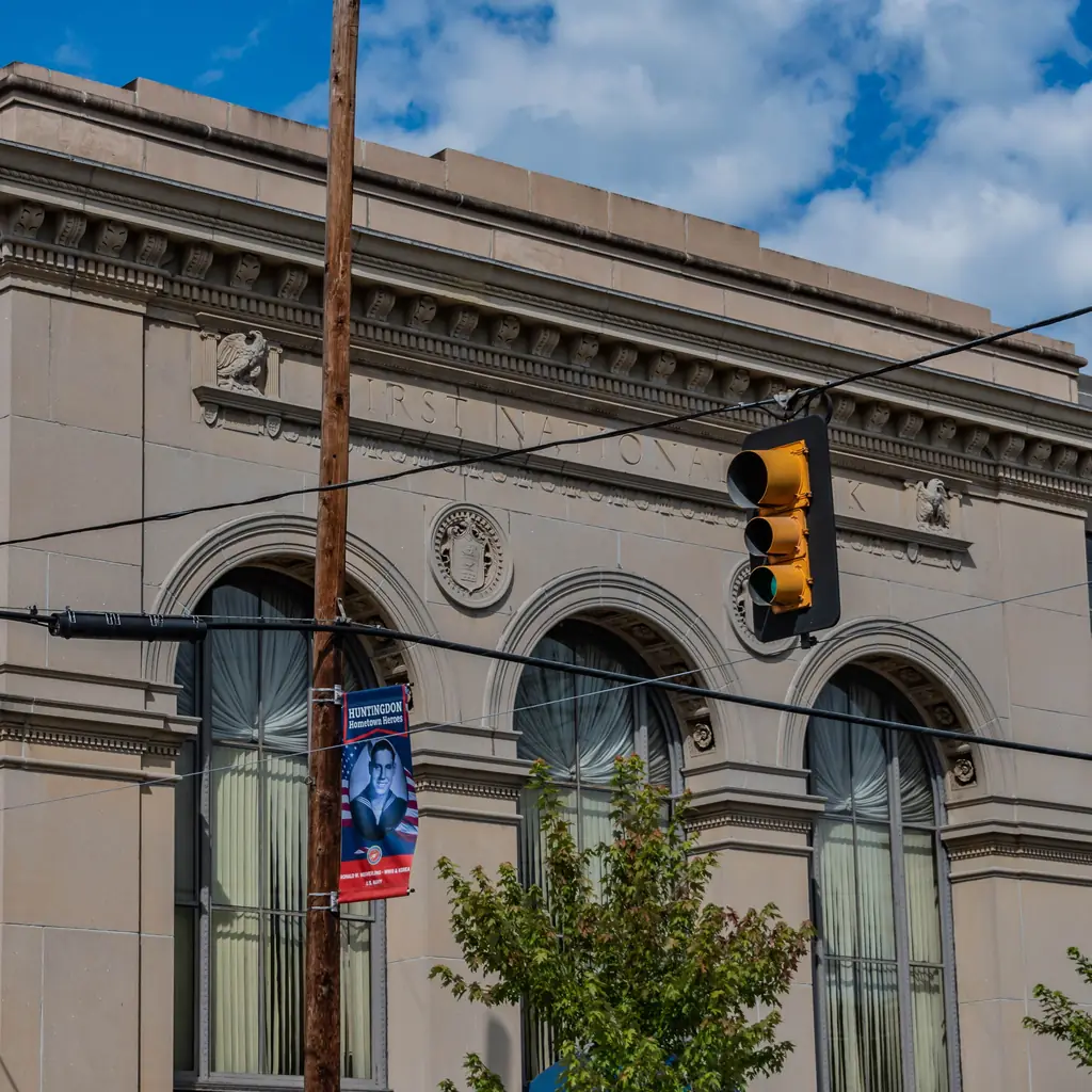 Historic bank facade on a street in Huntingdon, Pennsylvania.