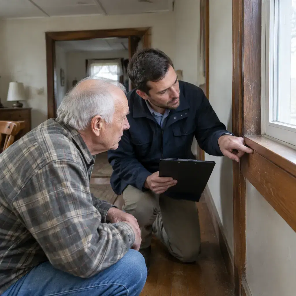 Retiree examining woodwork in an ordinary modest older house with a property inspector