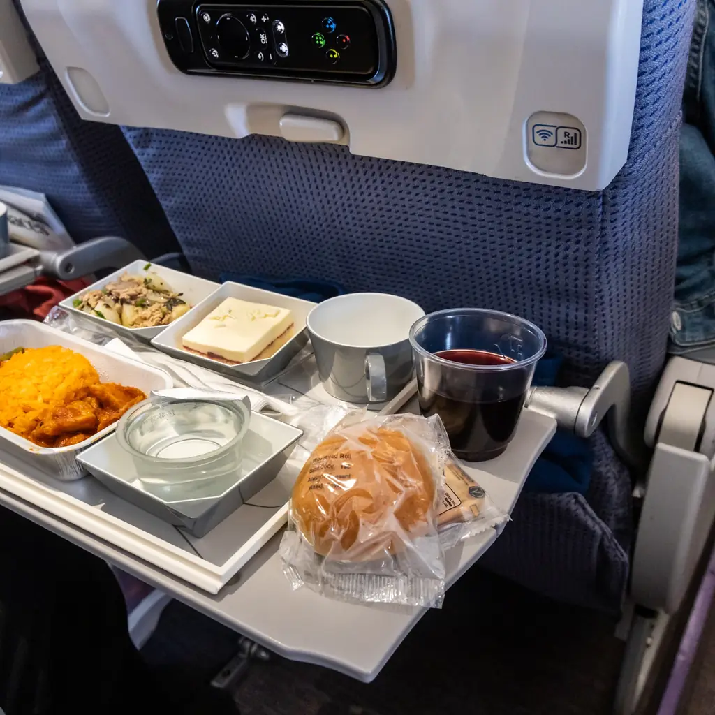 An airline meal on an economy-cabin tray table