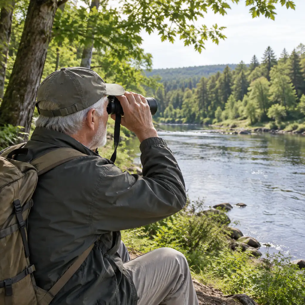 Retired person with binoculars beside a generic wooded riverbank viewed from safe dry ground