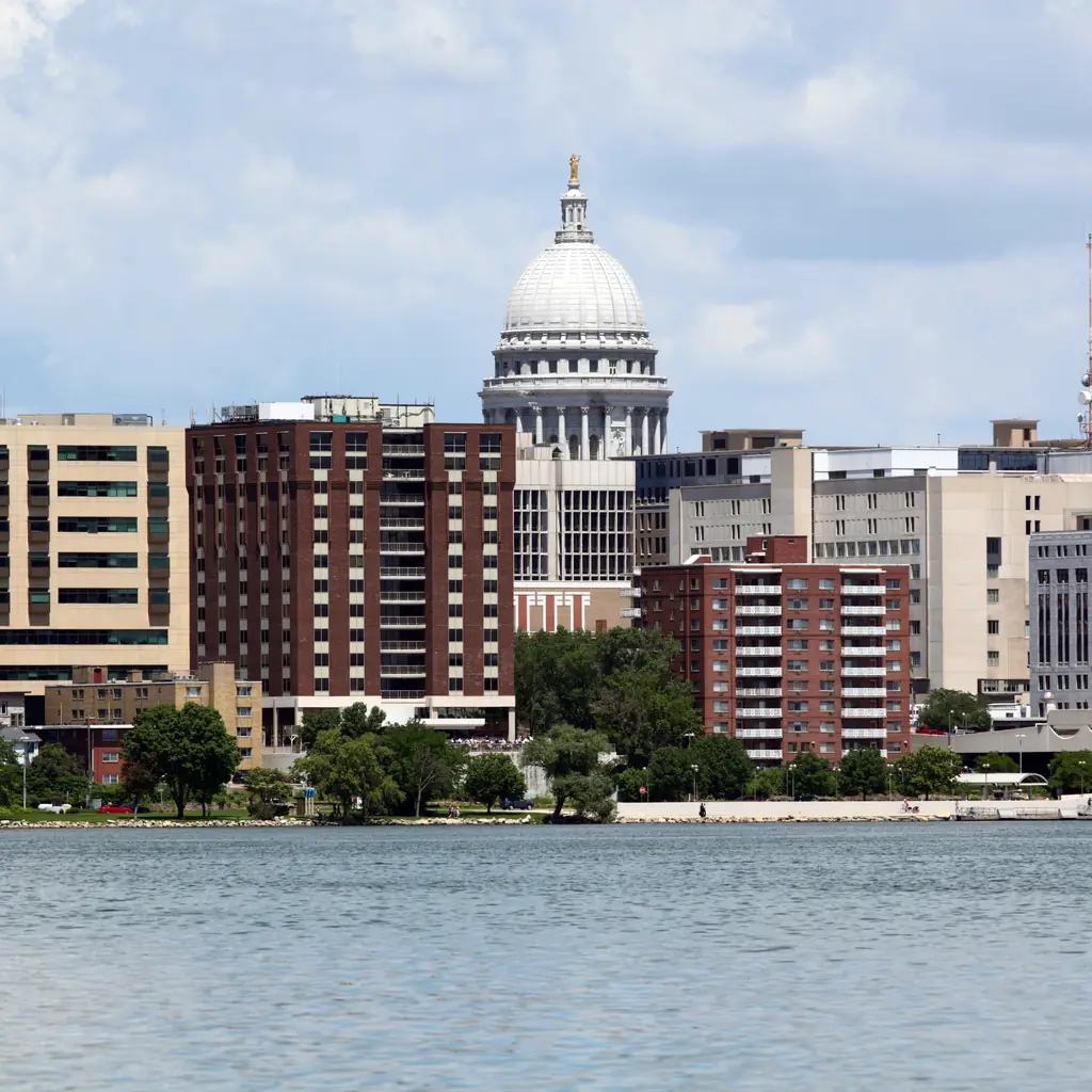 Madison skyline across Lake Monona in Wisconsin.