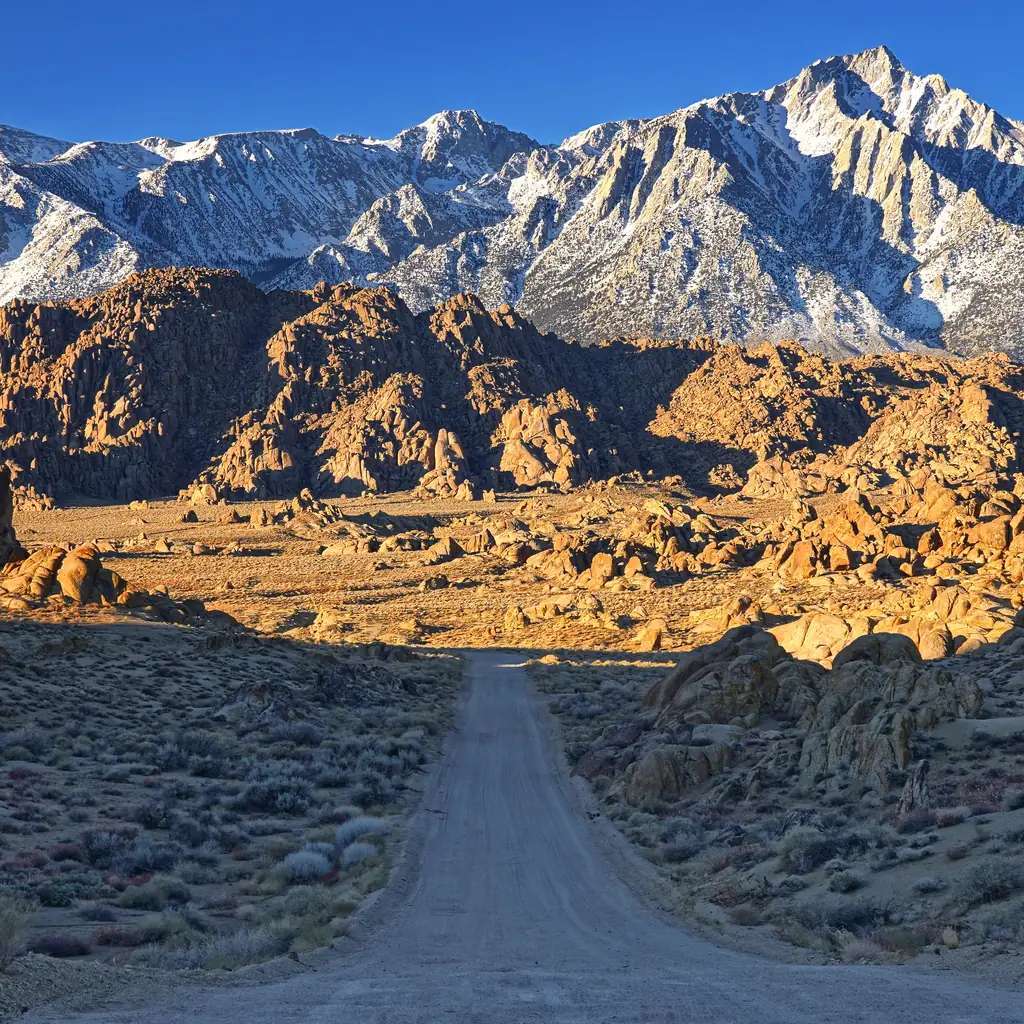 A road through the Alabama Hills toward the Sierra Nevada near Lone Pine, California.
