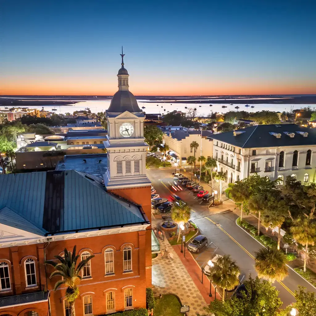 Historic downtown Fernandina Beach, Florida, at dusk.