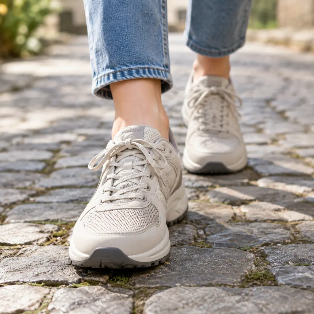 Close-up of comfortable walking shoes stepping on an ordinary cobbled pedestrian lane, no identifiable location