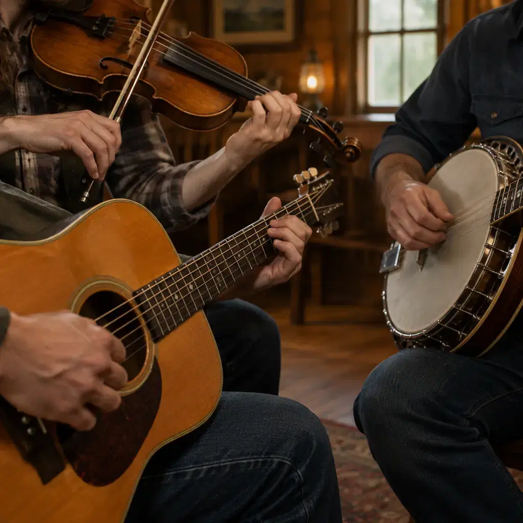 Close-up of acoustic guitar fiddle and banjo being played by adult musicians in a generic intimate wooden room, no identifiable performers or venue and no claim to show Sutton General Store
