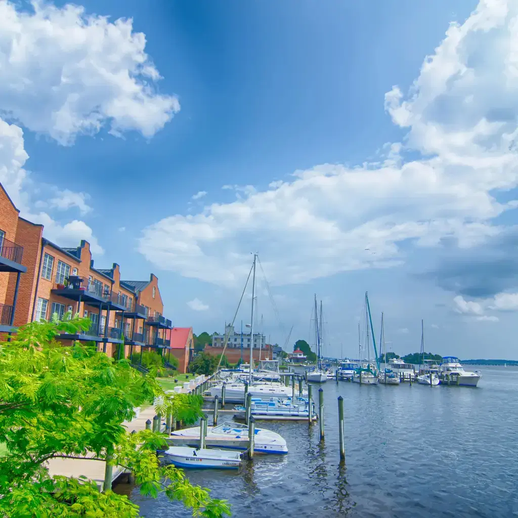 Boats and buildings on the waterfront in Washington, North Carolina.