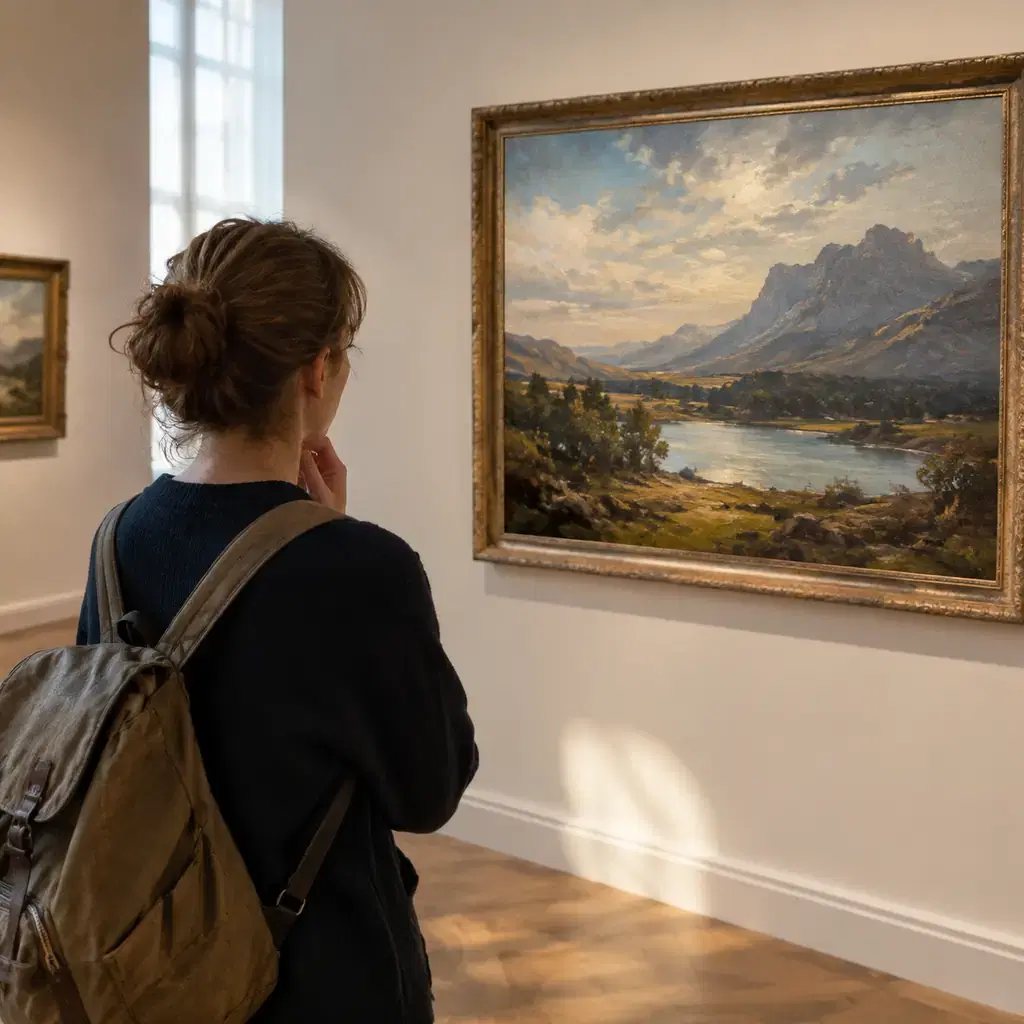 Illustration of an art-gallery visit, not a named museum or artwork