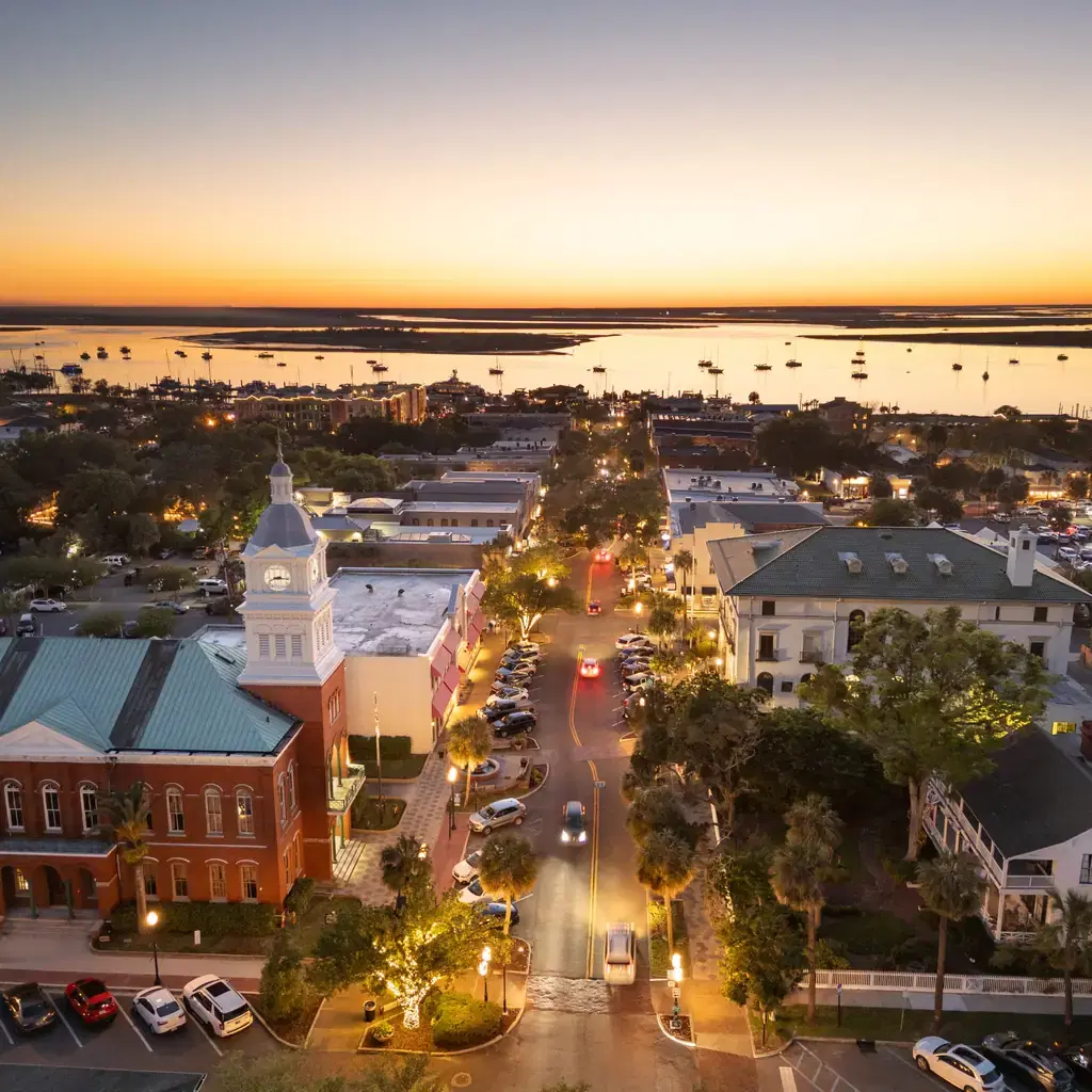 Fernandina Beach's historic downtown streets and harbor at dusk