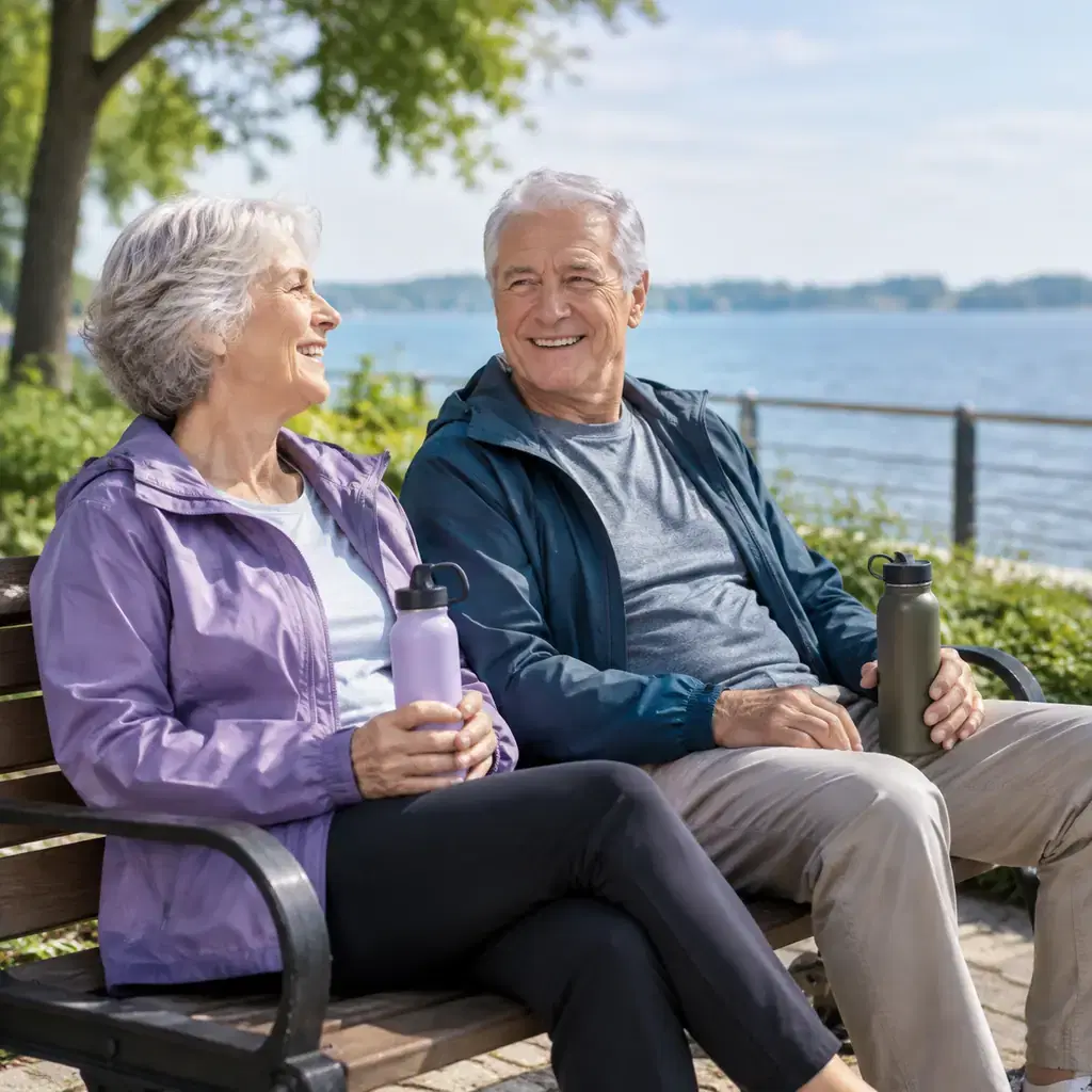 Older travelers resting on a generic waterfront park bench with reusable water bottles, no identifiable location