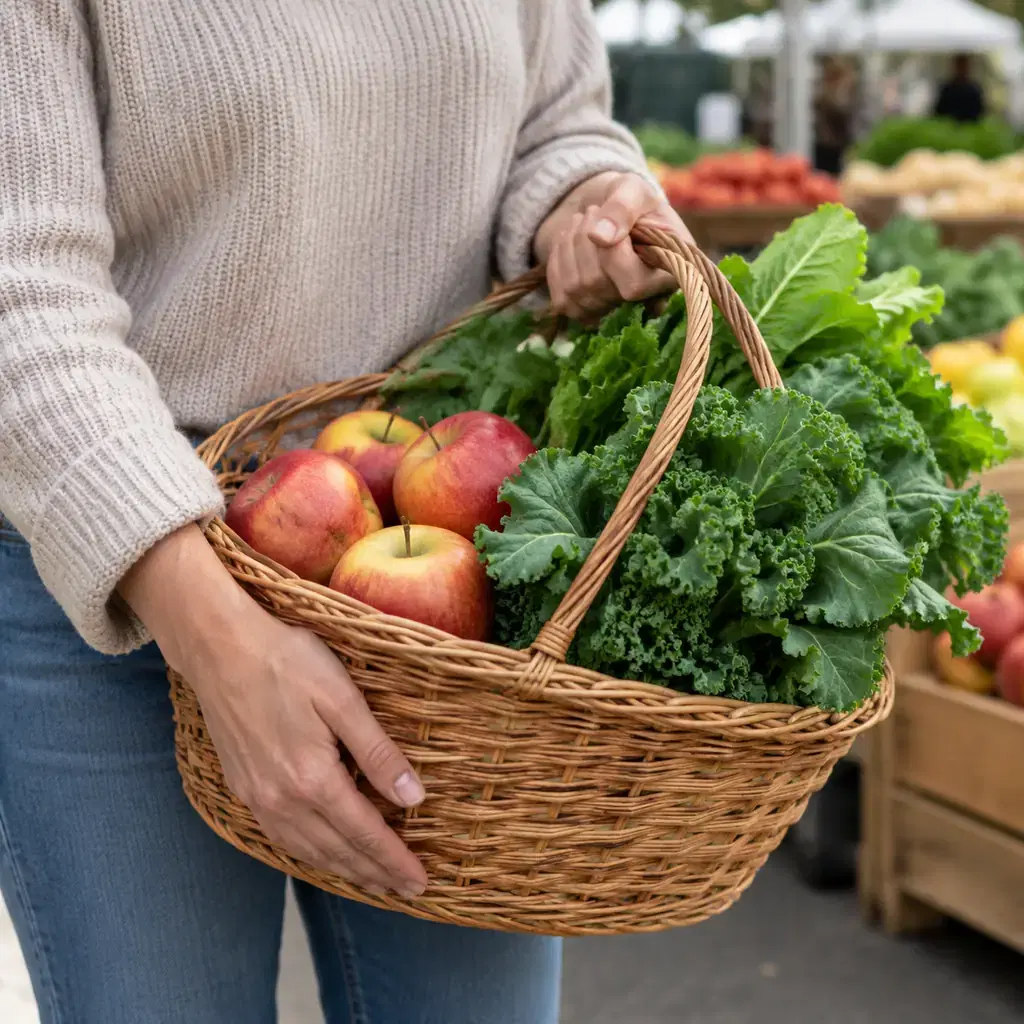 Illustration of shopping at a growers market, not a named Corrales event
