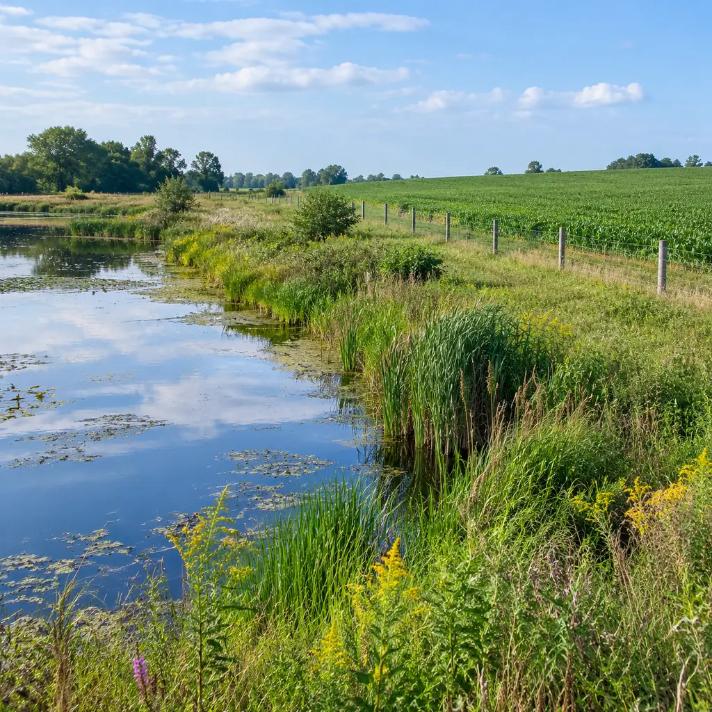 Generic rural wetland buffer beside agricultural fields with a fence set back from water, no named lake or claim of actual project imagery