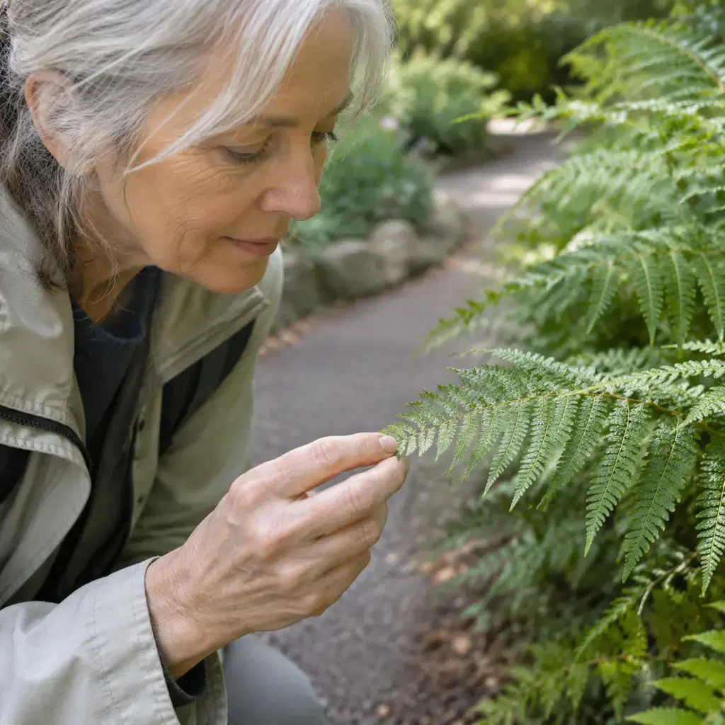 Close-up of an older visitor examining the texture of an ordinary fern frond without picking it beside a generic garden path, soft natural daylight, no identifiable location or claim to depict Highlands