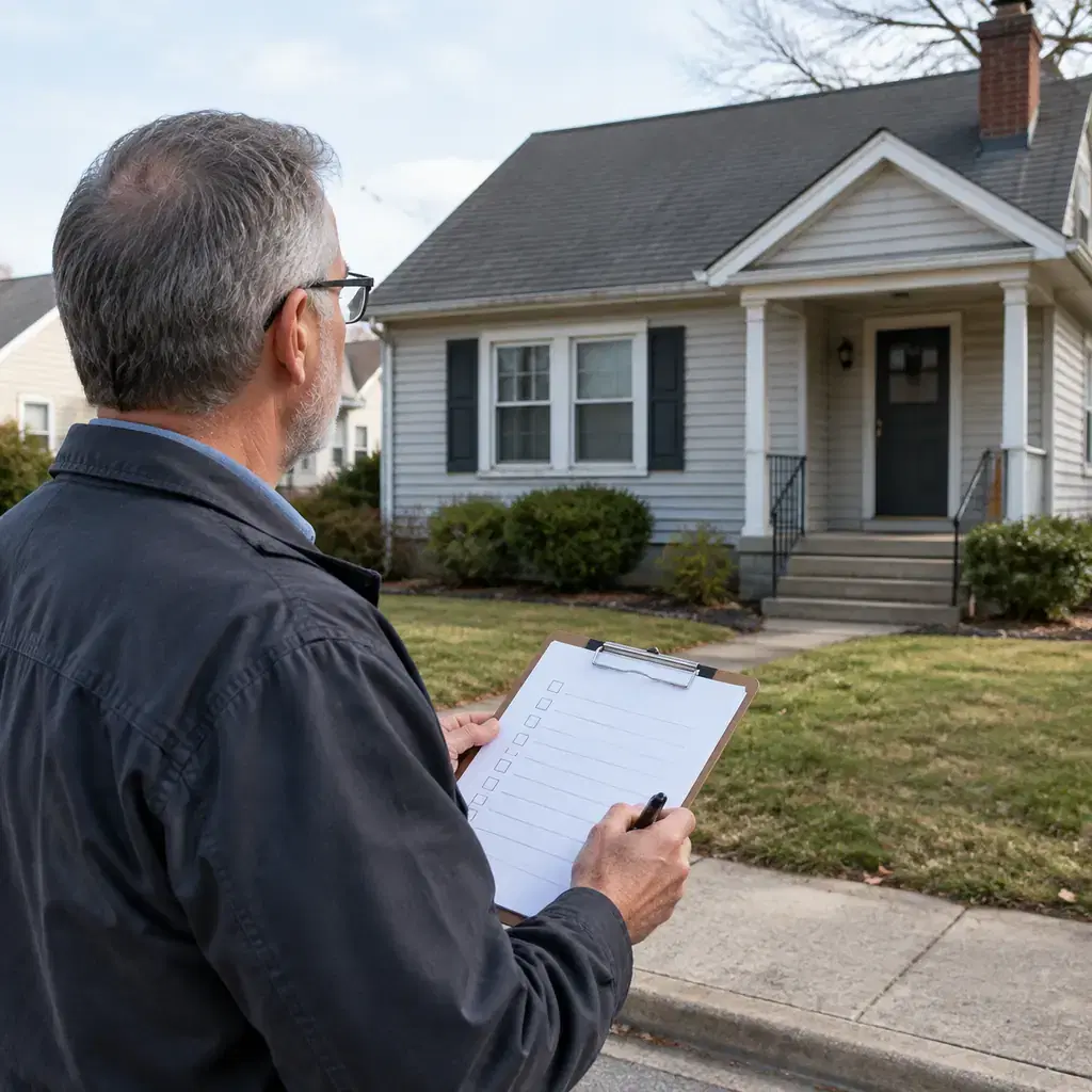 Older adult comparing a modest house exterior with an unreadable inspection checklist, ordinary residential street