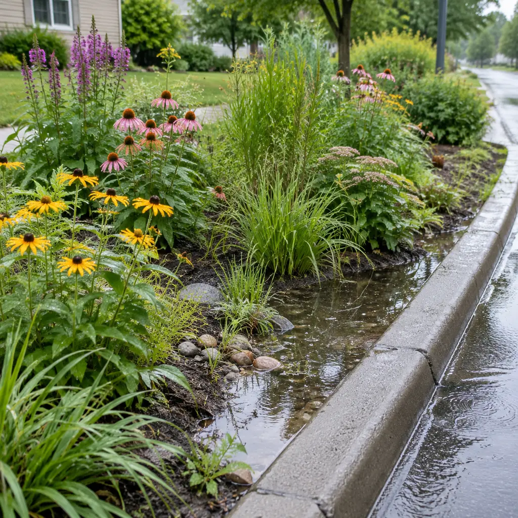 Native plants in a generic suburban rain garden beside a curb with rainwater collecting, no named neighborhood and no text