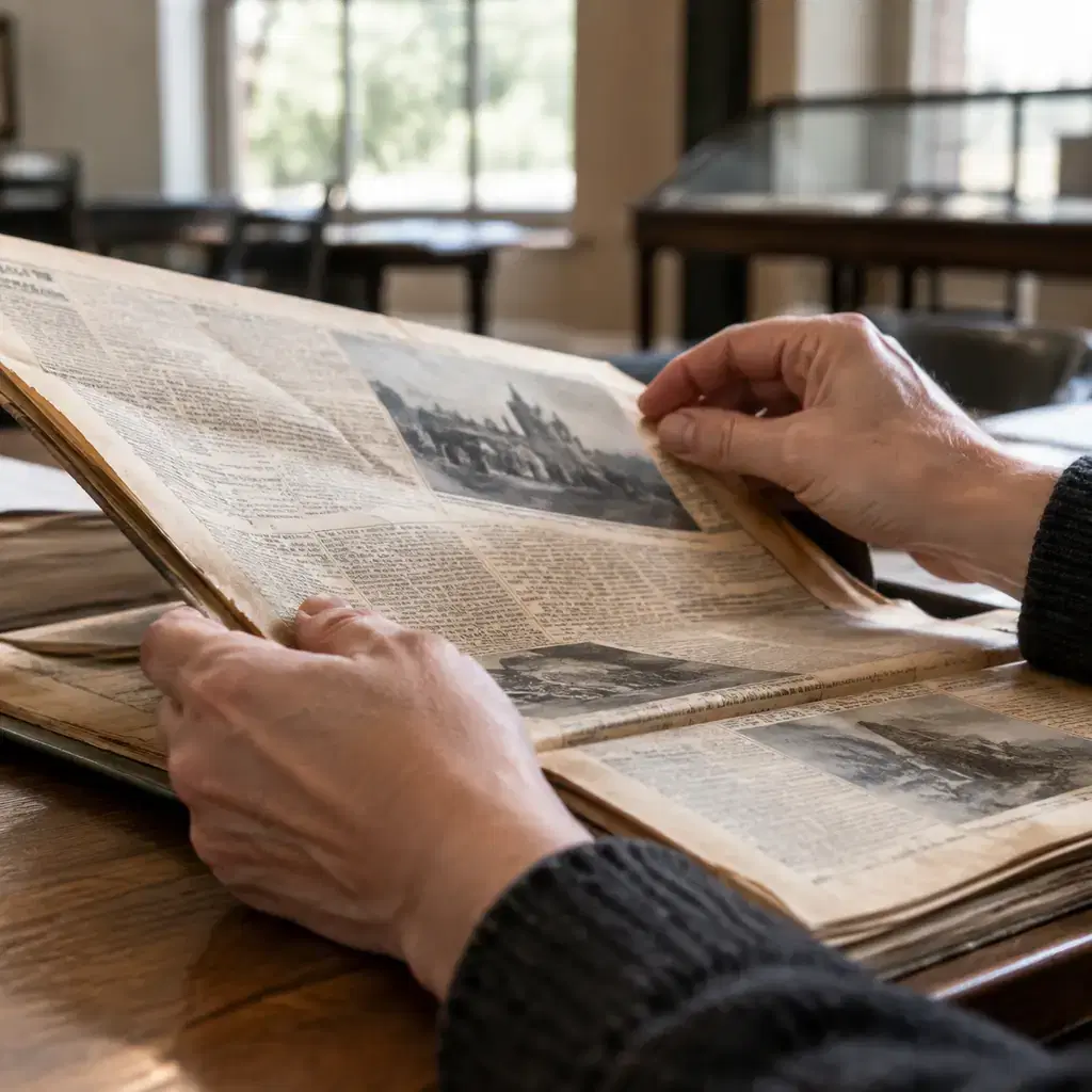 Illustration of exploring local newspaper history, not Eureka’s original presses or documents