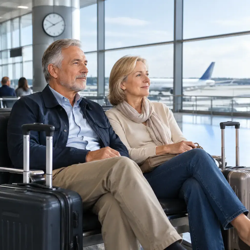 Older couple seated calmly in an airport departure area with carry-on luggage and an unbranded distant clock