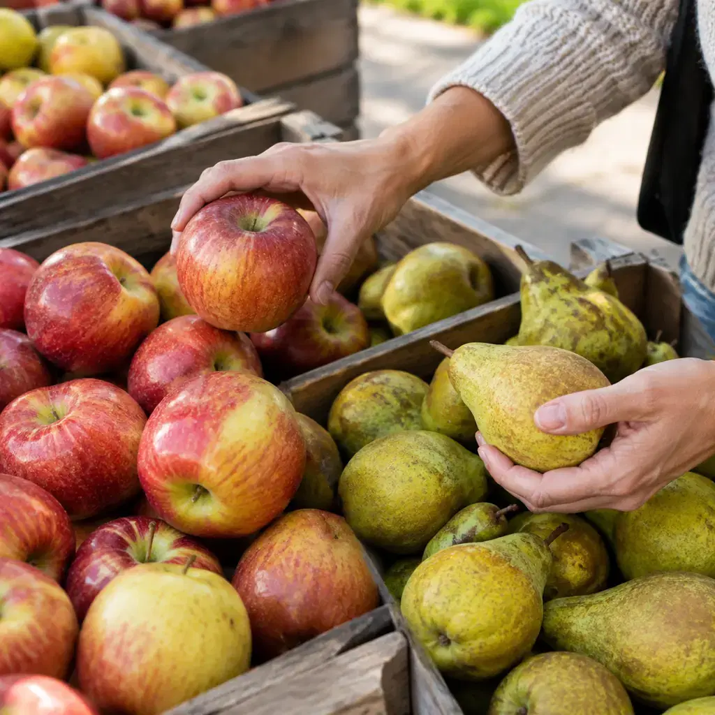 Illustration of seasonal farm shopping, not a named Hood River farm