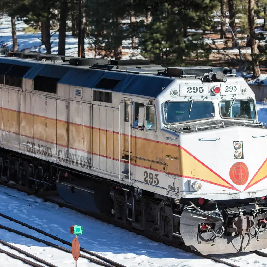 A Grand Canyon Railway train preparing for the journey toward Williams, Arizona.