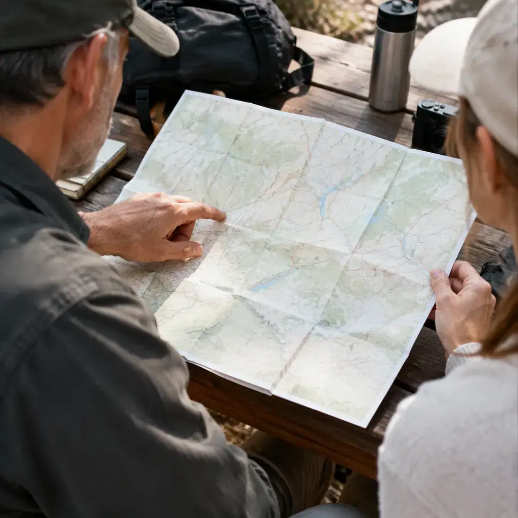 Illustration of travelers planning a route with a paper map at a picnic table.