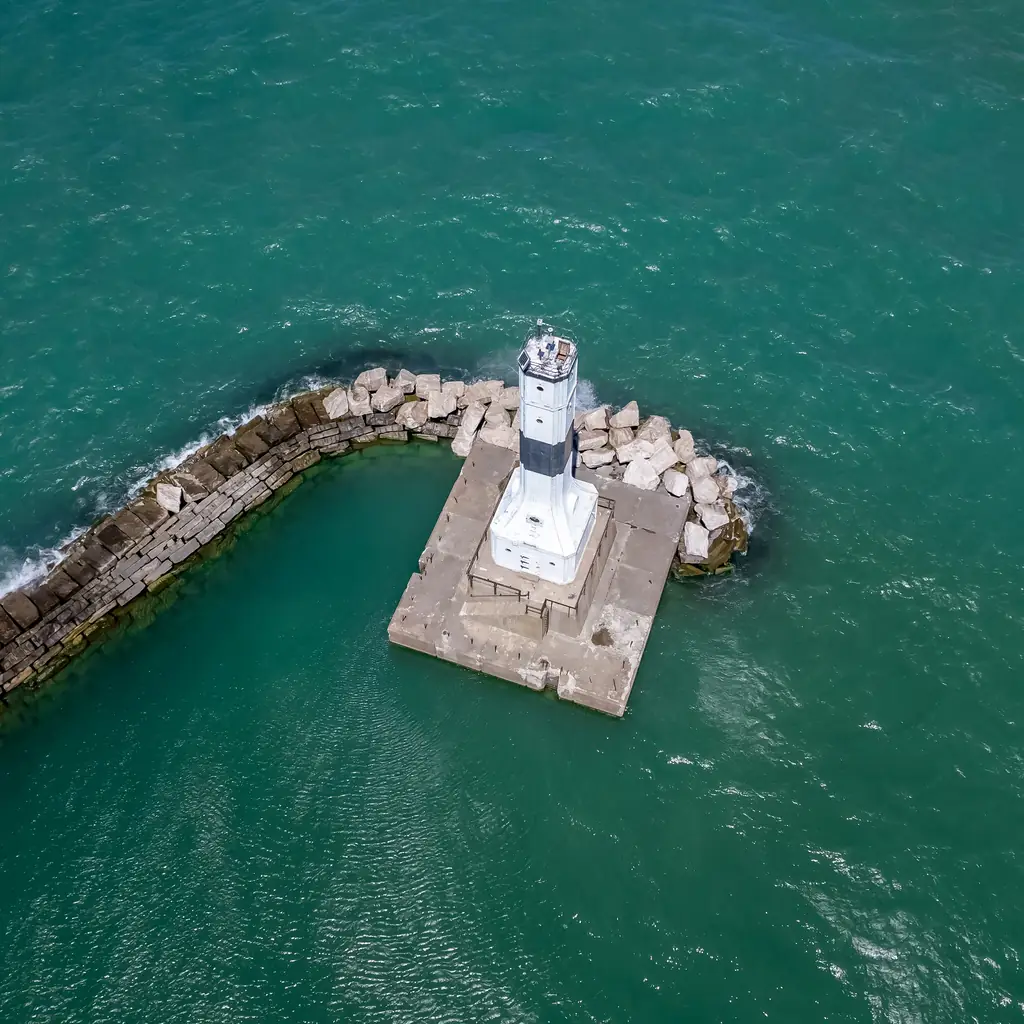 Aerial view of the Conneaut lighthouse in Lake Erie, Ohio.