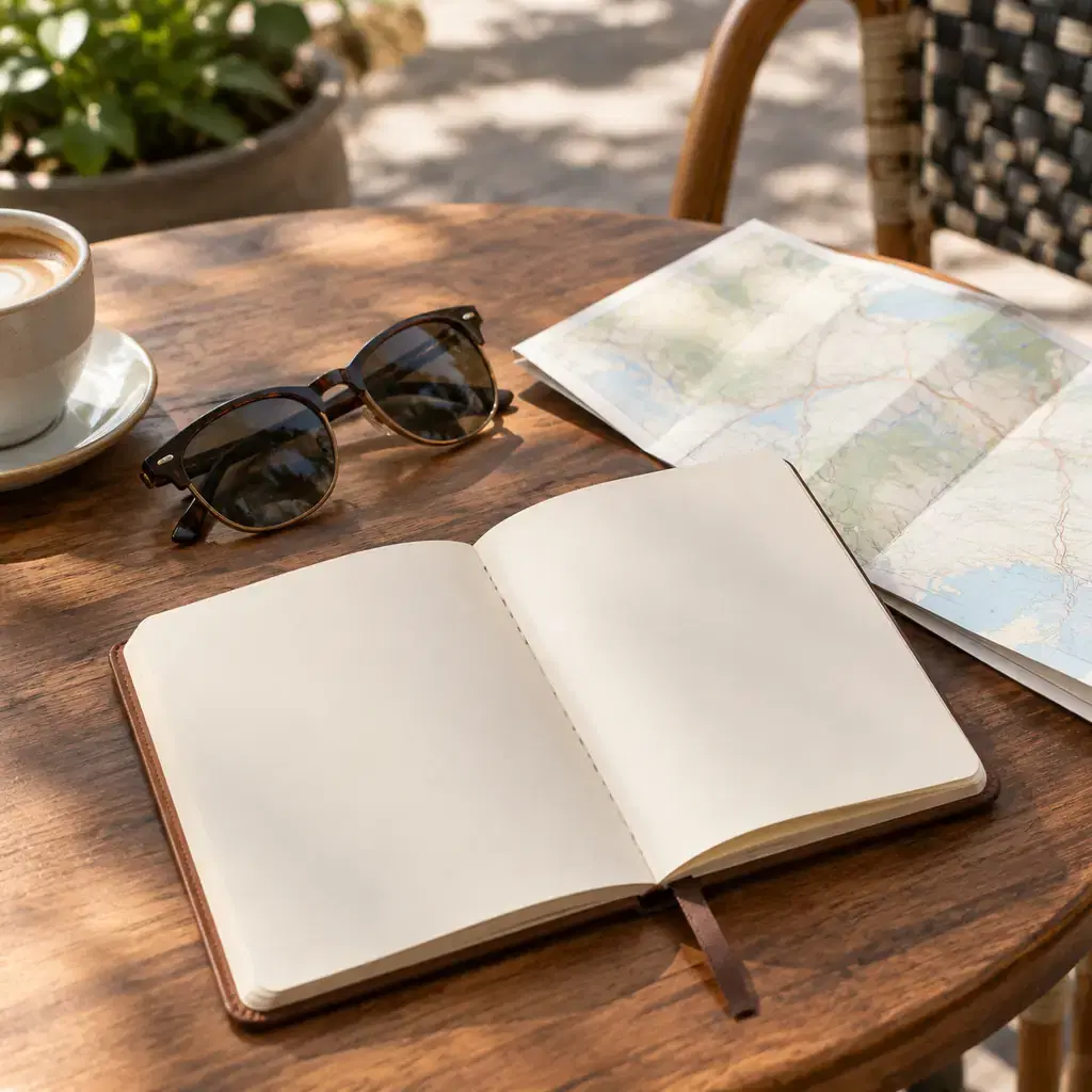A simple travel notebook with blank pages, sunglasses and a folded unmarked paper map on a cafe table