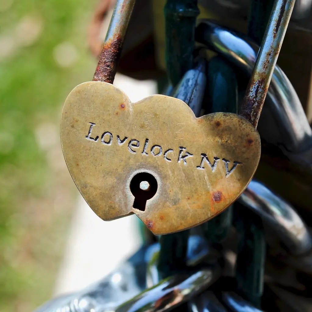 Heart-shaped padlocks at Lovers Lock Plaza in Lovelock, Nevada.