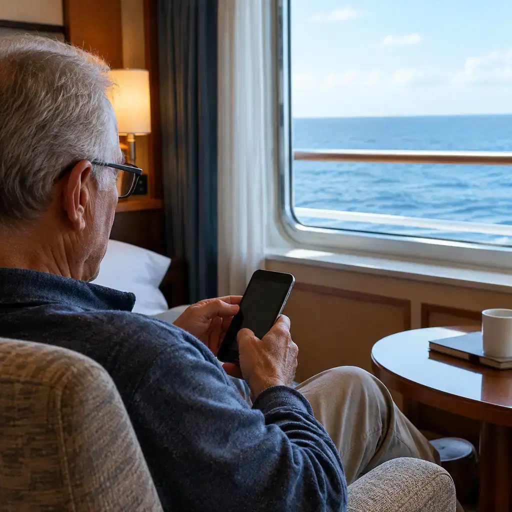 Close view of an older traveler using an unbranded phone in a generic cruise cabin, screen turned away from viewer, sea outside