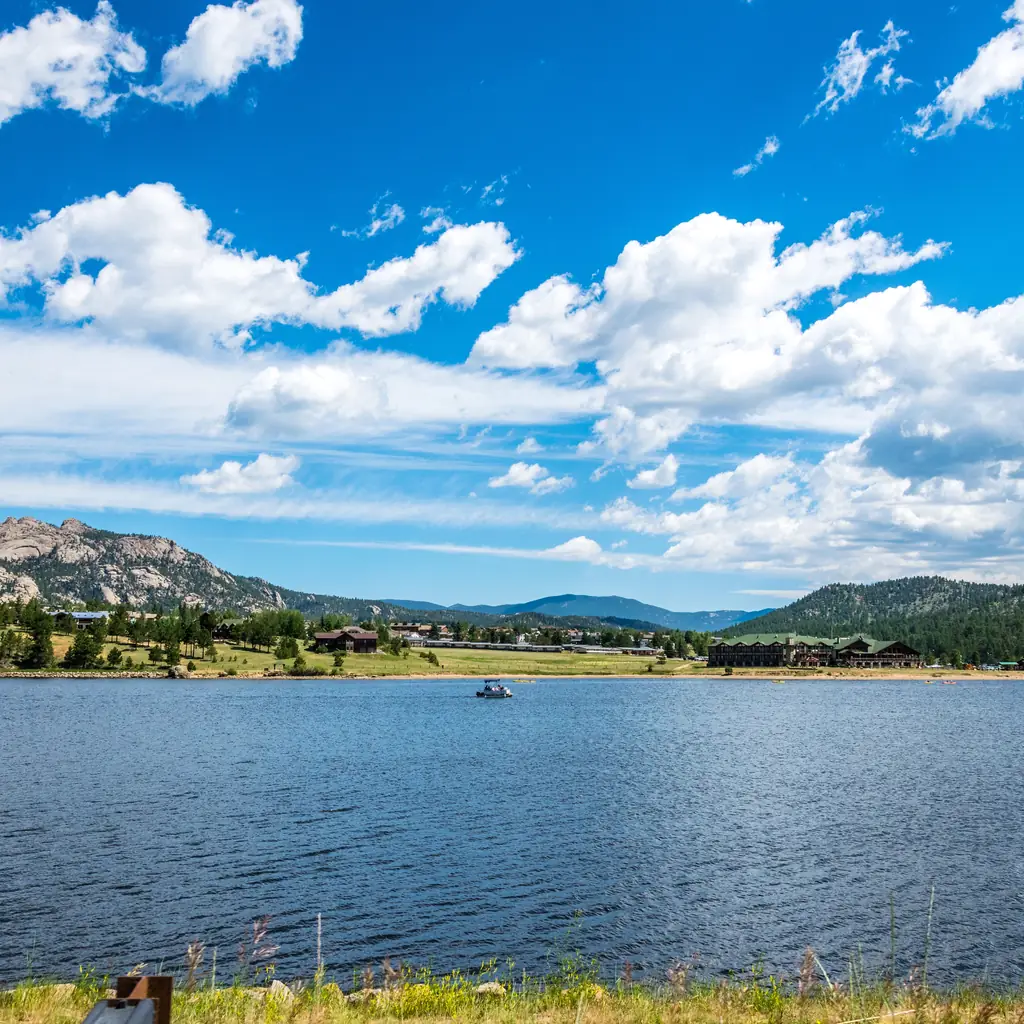 Grand Lake and its mountain shoreline in Colorado.