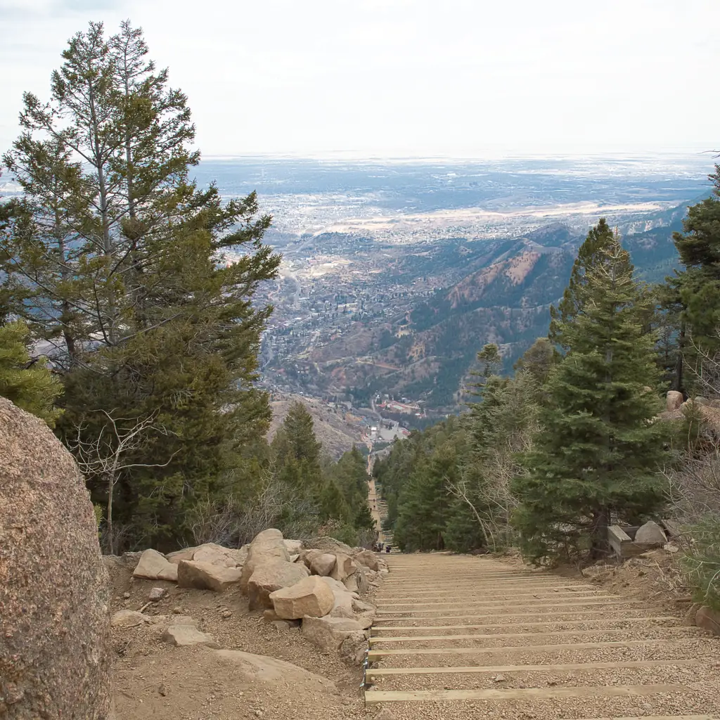The steep steps of the Manitou Incline in Manitou Springs, Colorado.