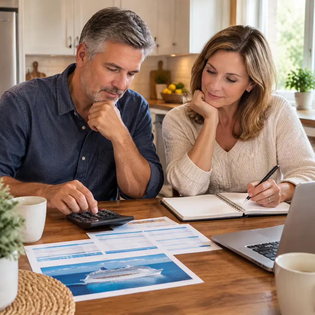A mature couple at a kitchen table comparing a cruise budget with a calculator and blank planner, thoughtful warm scene