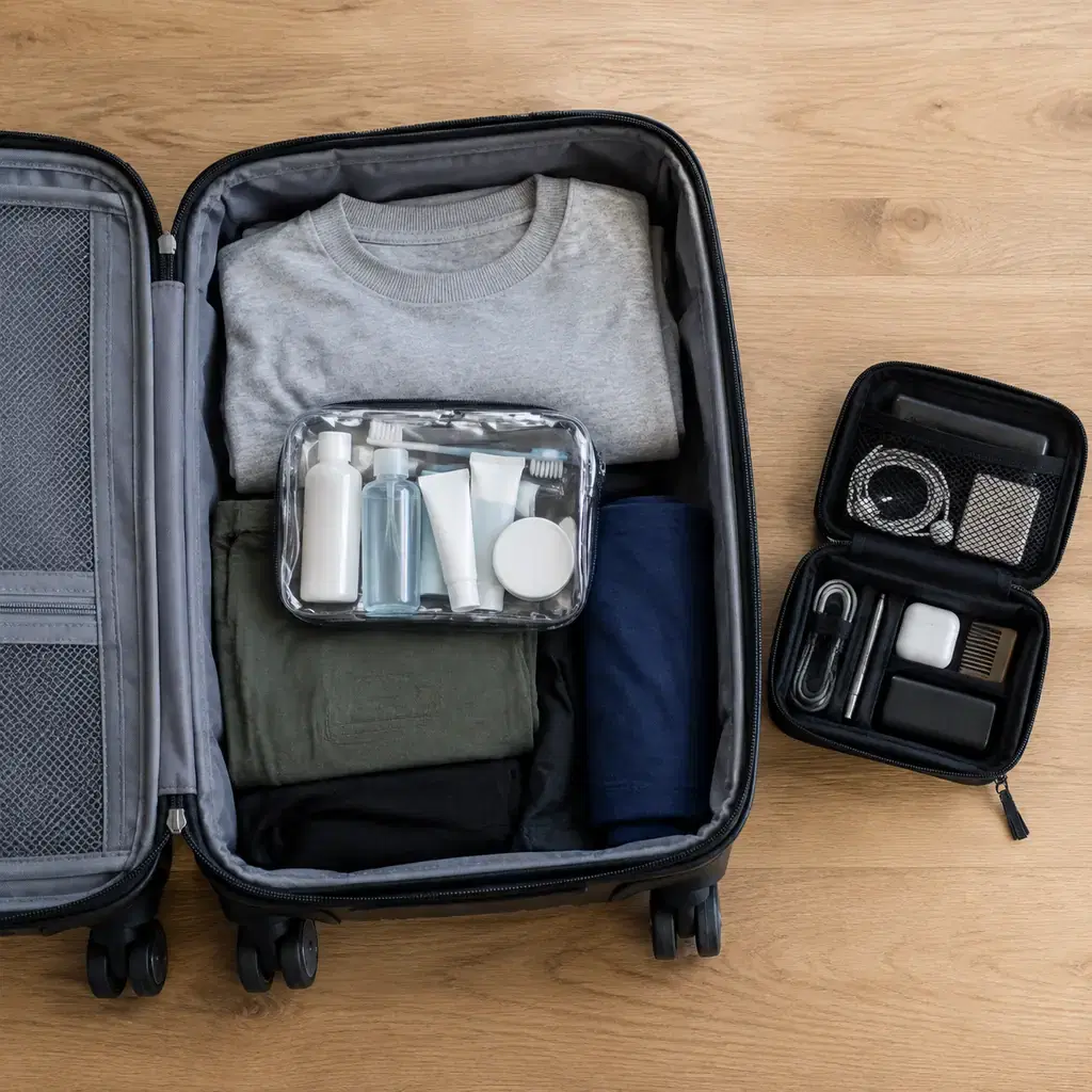 Open carry-on with small clear toiletry pouch and separate zipped seat essentials pouch, overhead tabletop view, no branded objects