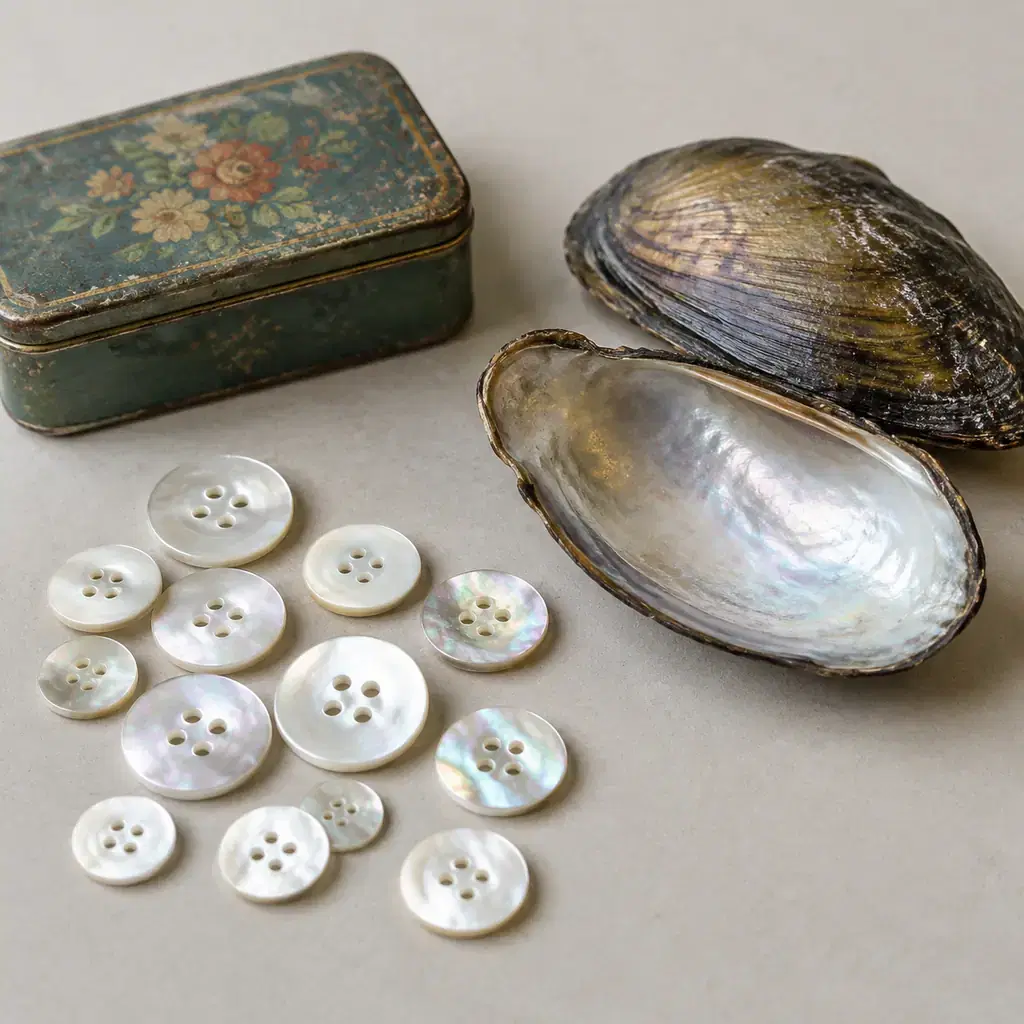 Mother-of-pearl buttons beside freshwater mussel shells and a simple vintage sewing tin on a plain tabletop, conceptual explanation of shell buttons, no museum labels or claim that these are historic Savannah artifacts