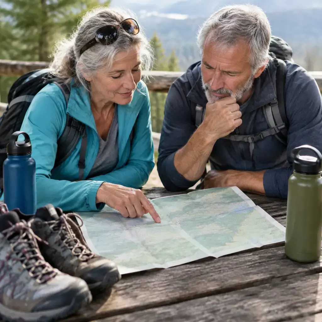 Older travelers choosing a short walking route using a folded plain trail map beside walking shoes and water bottles on a rustic table, map has no readable place names, no recognizable location