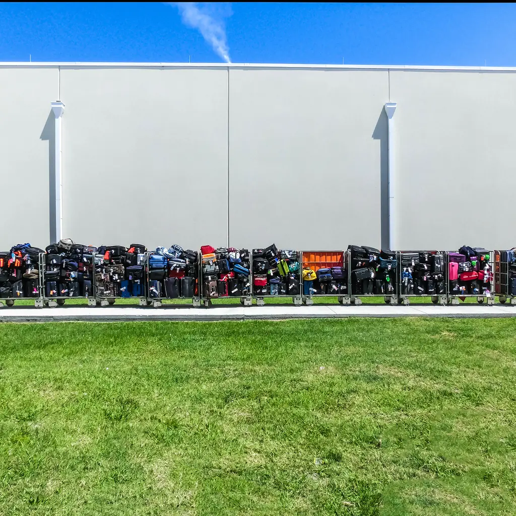 Suitcases on luggage carts at a cruise terminal
