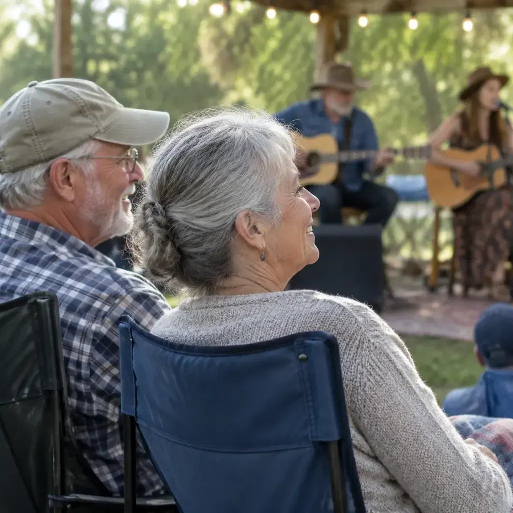 Older couple attending a generic small-town acoustic music gathering, instruments no recognizable location