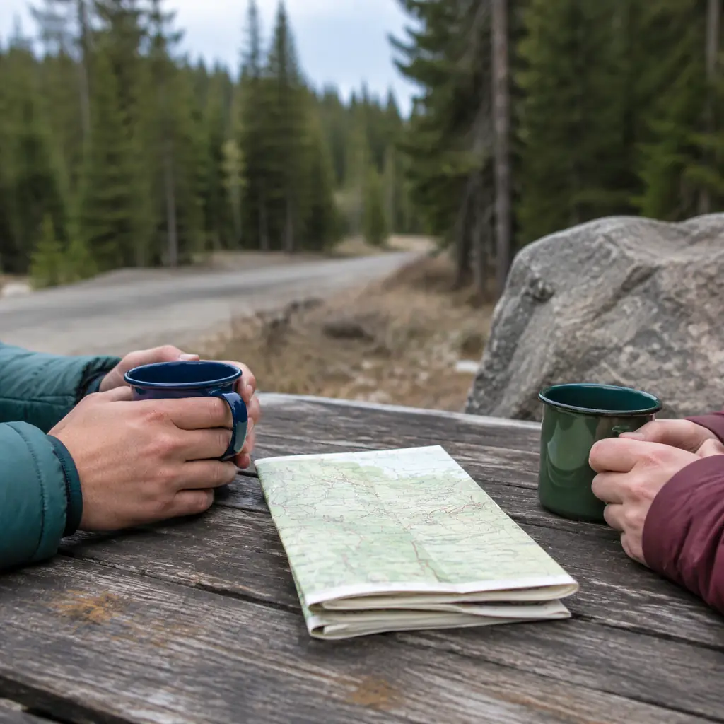 Illustration of a mountain road-trip break, not a named Colorado location