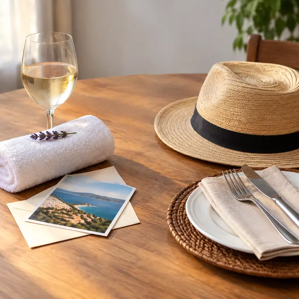 Two small unlabeled groups of holiday objects on a table, drink glass spa towel and photo envelope on one side, walking hat and restaurant place setting on the other, no numbers or text