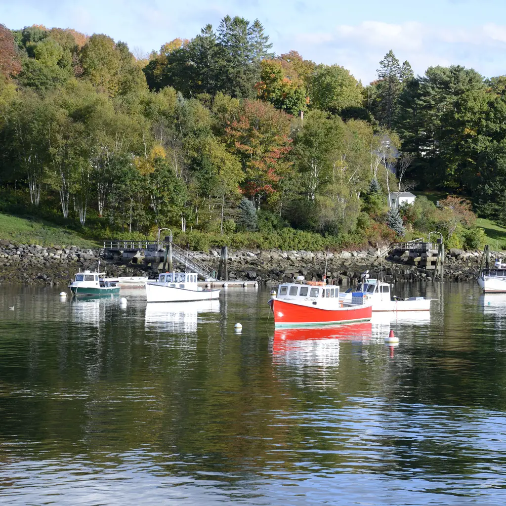 Small boats moored in Rockport Harbor, Maine.