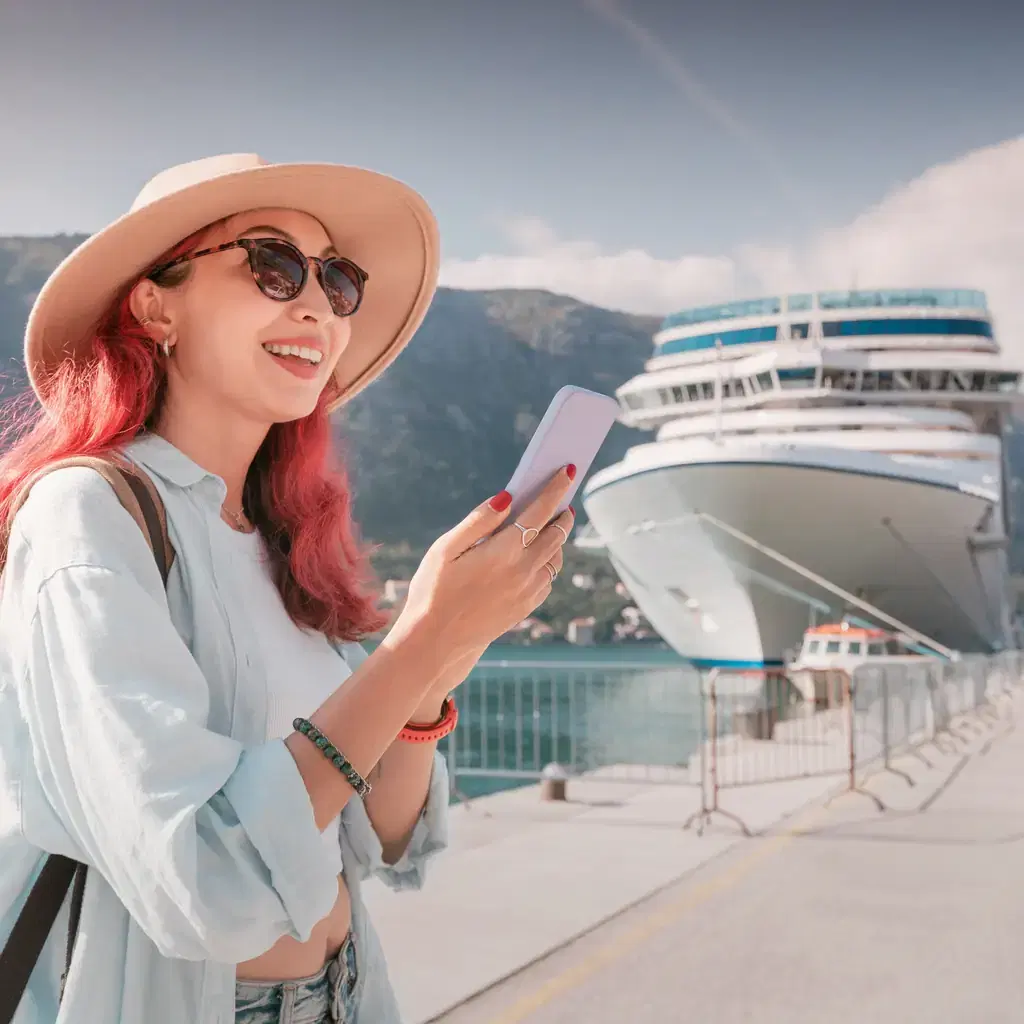 A traveler using a smartphone near a cruise ship in Kotor, Montenegro