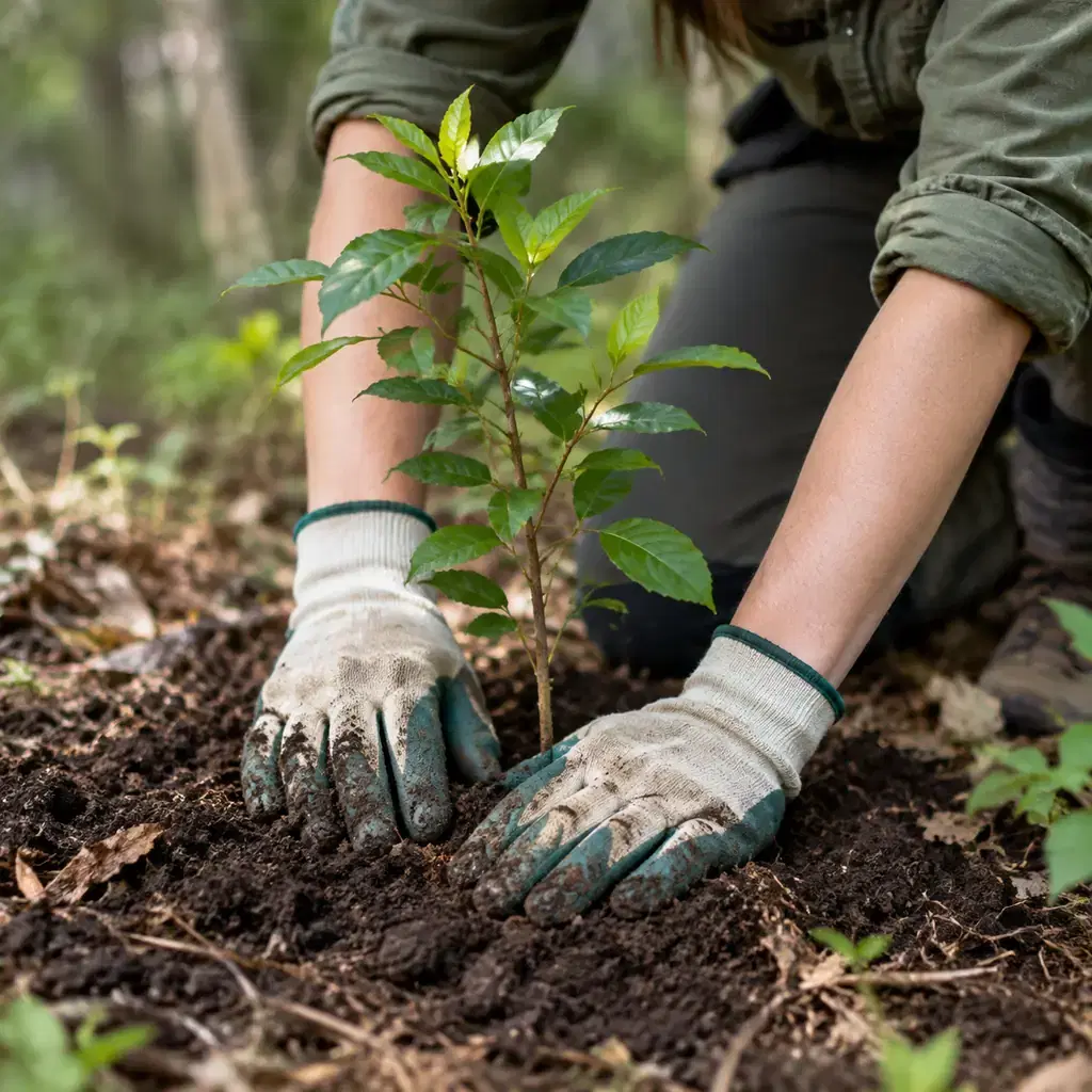 Close view of modern conservation worker hands planting a native sapling in soil, neutral woodland background, no historical reenactment and no named park