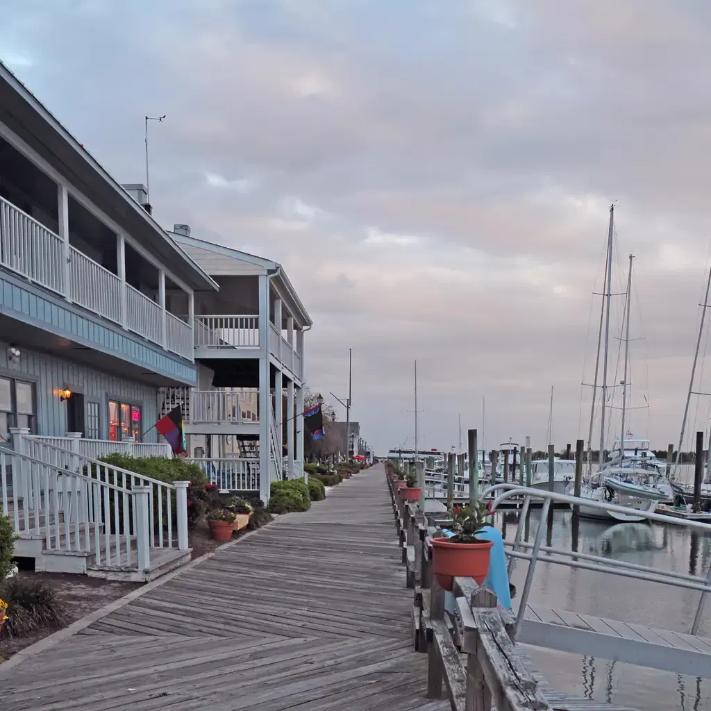Boardwalk and marina beside Front Street in Beaufort, North Carolina.