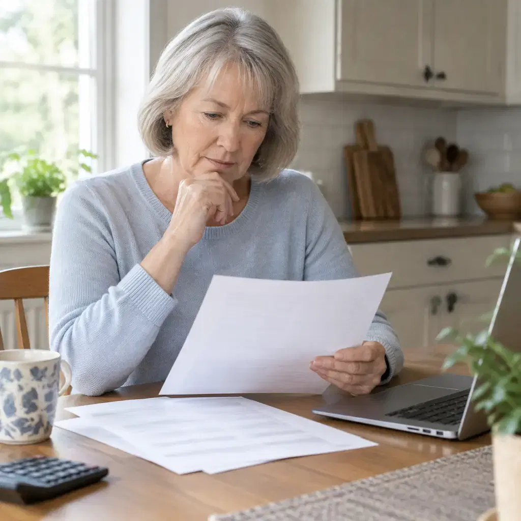 Retired woman reviewing a house insurance quote at a kitchen table, documents blank or unreadable