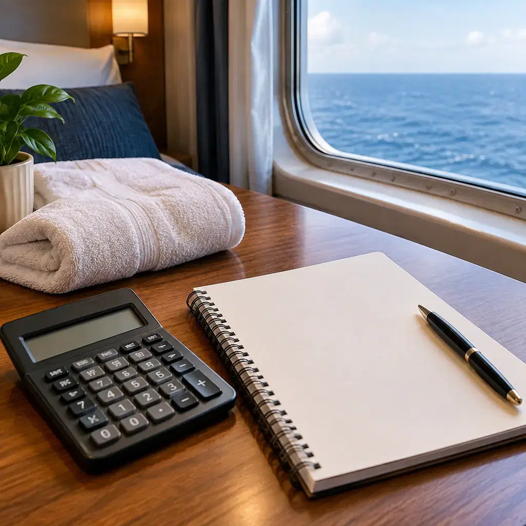 Calculator and blank notebook beside a folded spa towel and a generic cruise cabin window, no readable writing